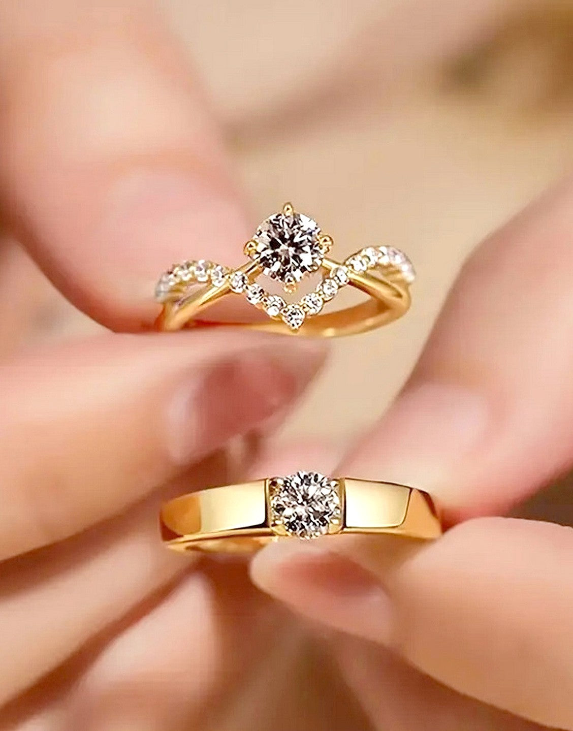 Pair of 2 Adjustable Golden Cubic Zirconia Engagement Rings (TK18102)