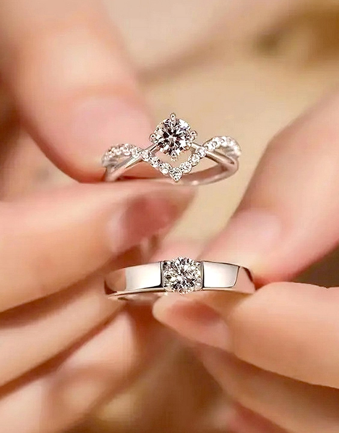 Pair of 2 Adjustable Silver Cubic Zirconia Engagement Rings (TK18103)