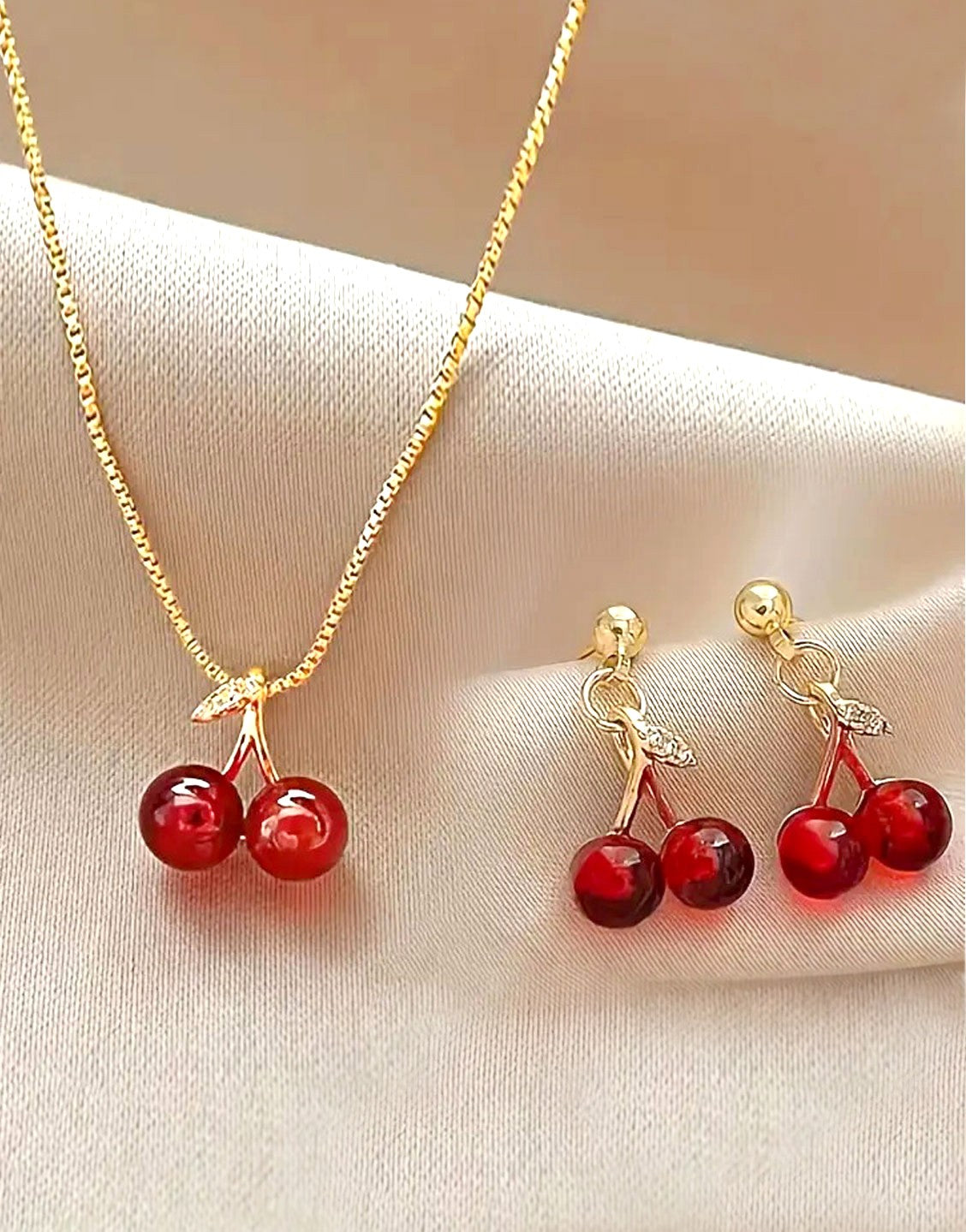 Lovely Cherry Design Necklace and Earrings Suitable for Casual Attire (TK18105)