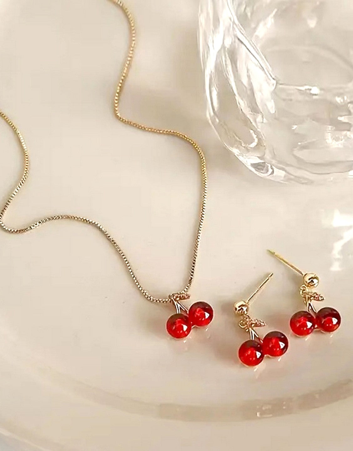 Lovely Cherry Design Necklace and Earrings Suitable for Casual Attire (TK18105)