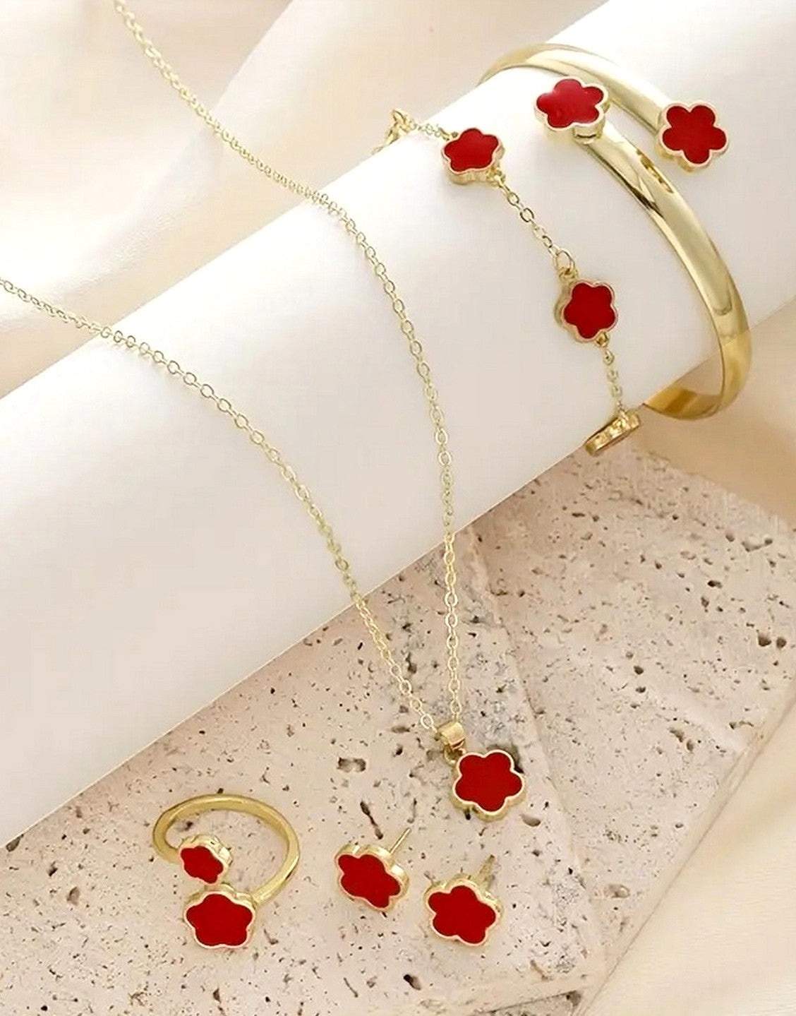 5-Piece Red Five Leaf Clover Design Jewelry Set includes Bracelet, Earrings, Kara, Necklace & Ring (TK18109)