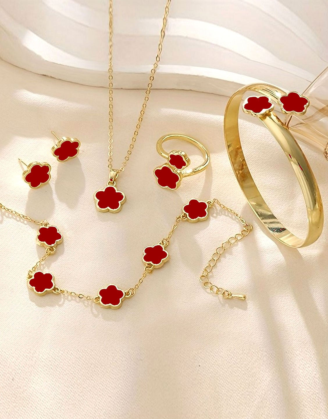 5-Piece Red Five Leaf Clover Design Jewelry Set includes Bracelet, Earrings, Kara, Necklace & Ring (TK18109)