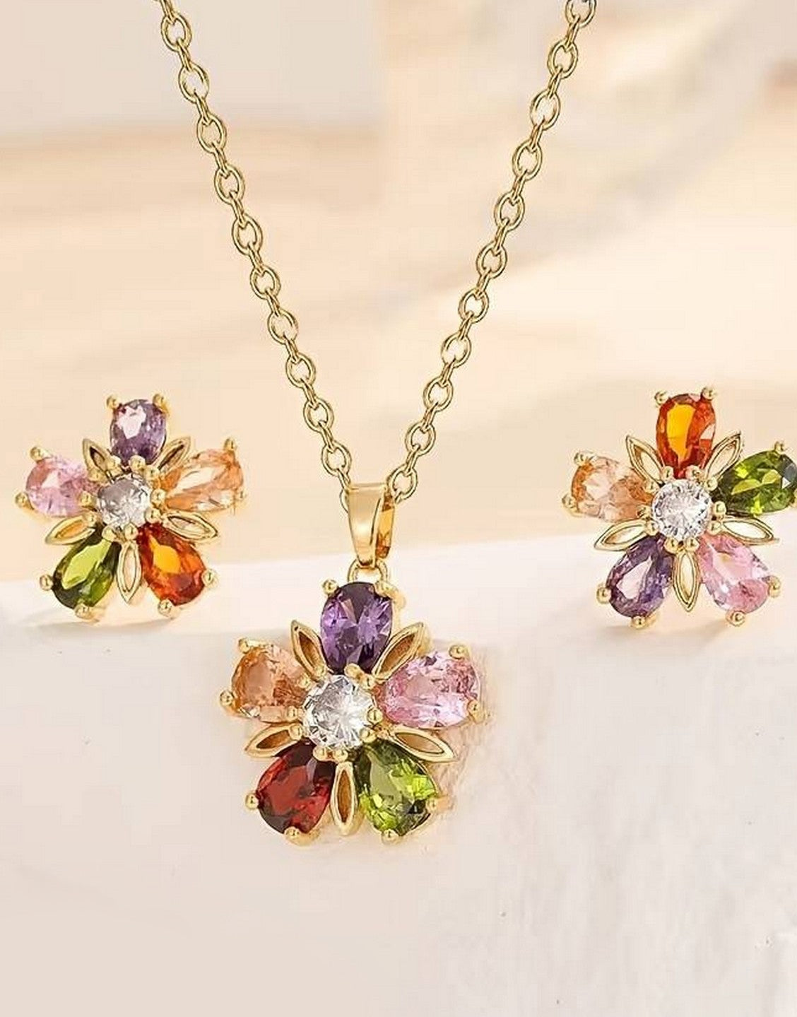 Delightful Multicolor Zircon Studded Flower Shape Jewelry Set with Necklace & Earrings (TK18110)