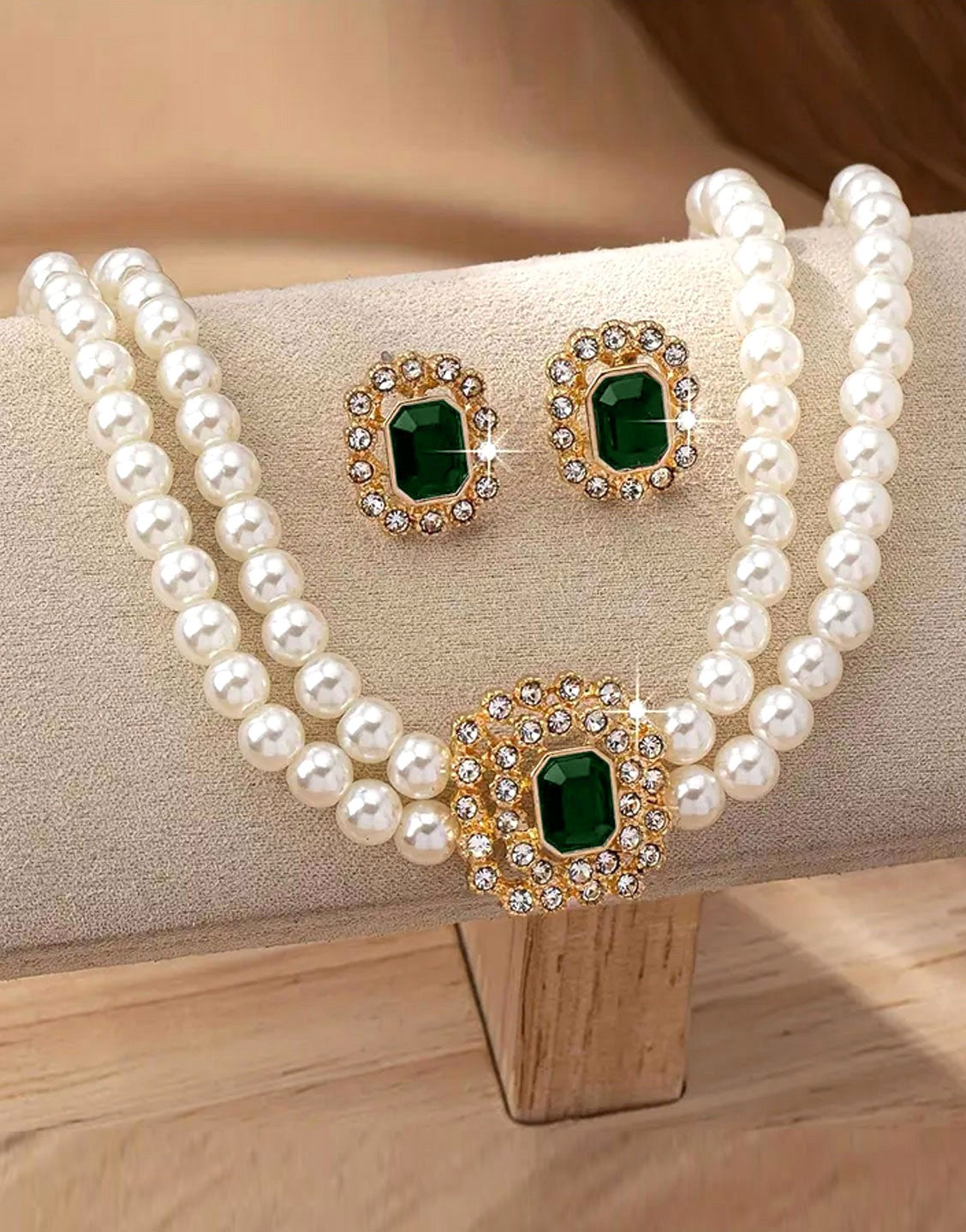 Elegant Double Row Faux Pearl Choker Necklace & Stud Earrings (TK18111)