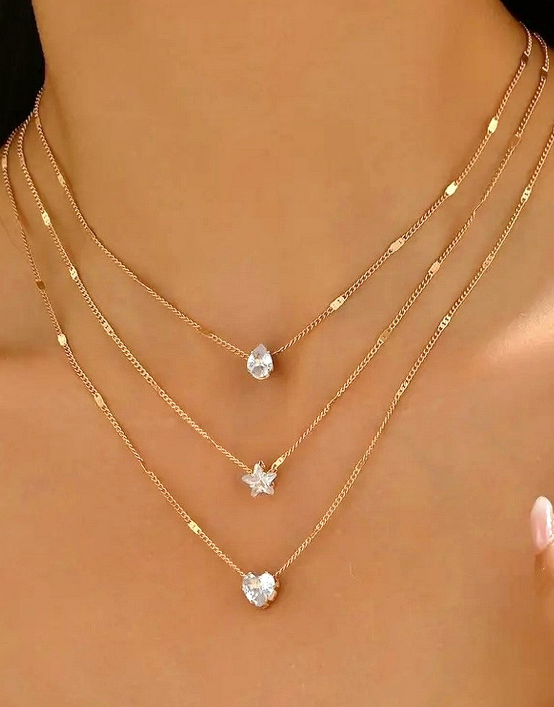 Multi-Layer Star, Heart & Teardrop Charms Rhinestone Necklace (TK18118)