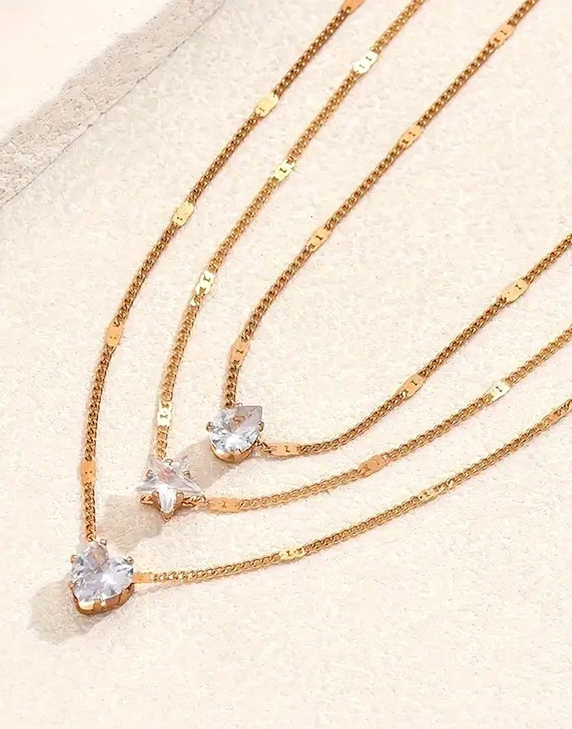 Multi-Layer Star, Heart & Teardrop Charms Rhinestone Necklace (TK18118)