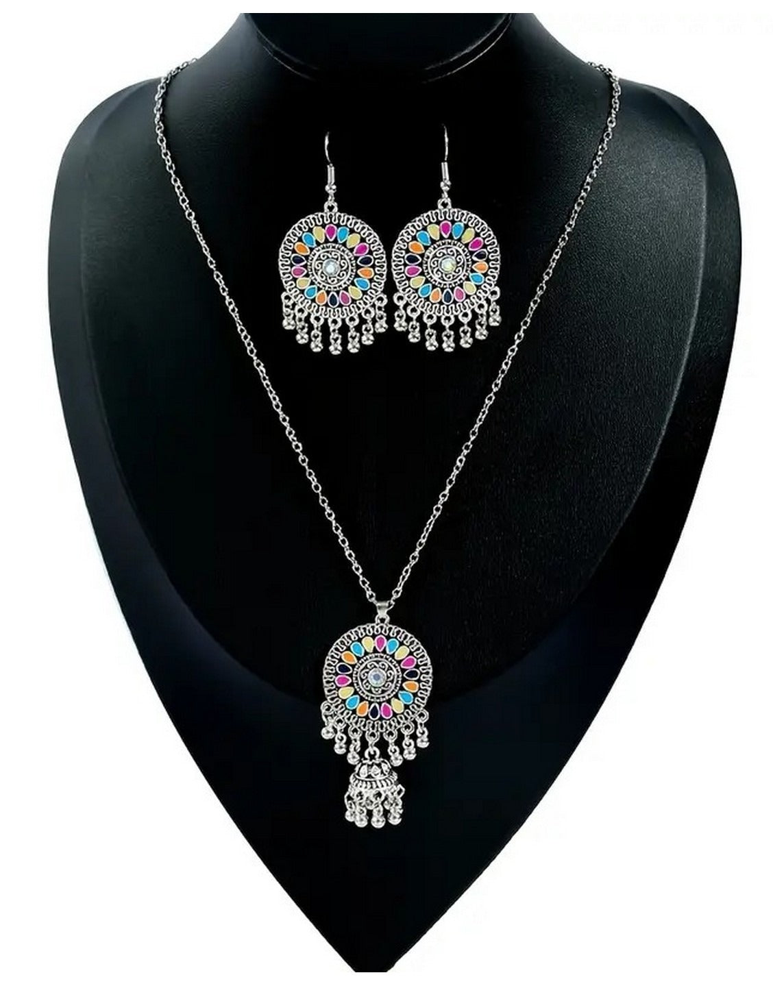 Bohemian Style Silvery Round Women's Jewellery Set with Pendant & Earrings (TK18124)