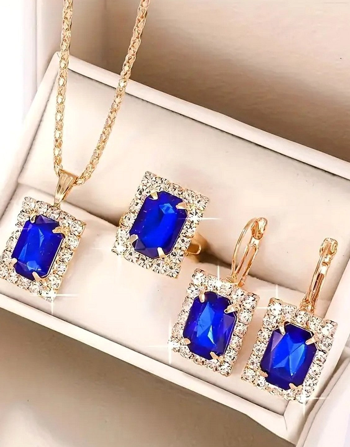 3-Piece Square Shape Synthetic Blue Gemstone Jewellery Set with Earrings, Necklace and Ring (TK18125)