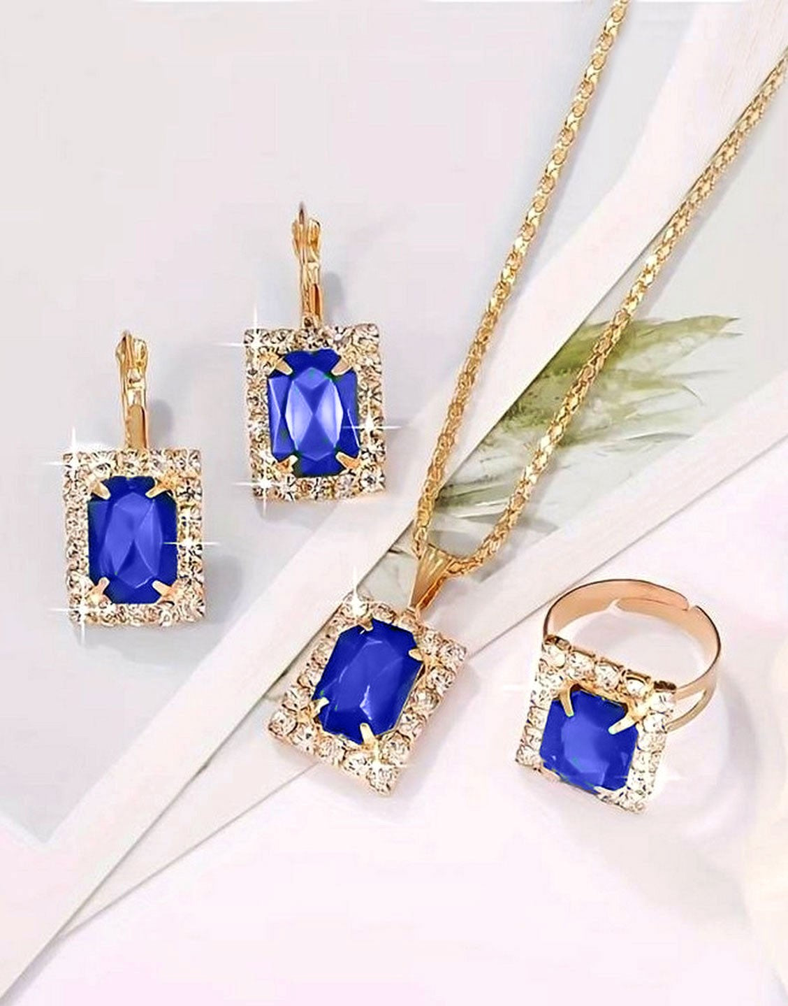 3-Piece Square Shape Synthetic Blue Gemstone Jewellery Set with Earrings, Necklace and Ring (TK18125)