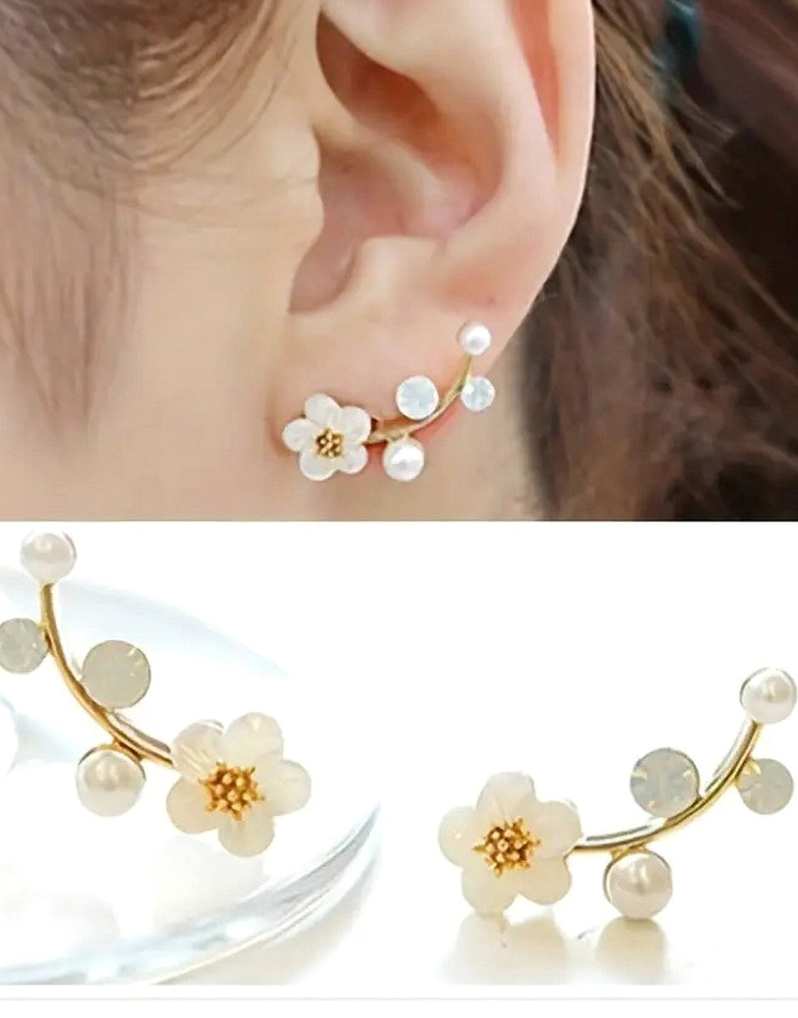 Chic Golden-Tone Flower & Pearl Stud Earrings for Girls (TK18132)