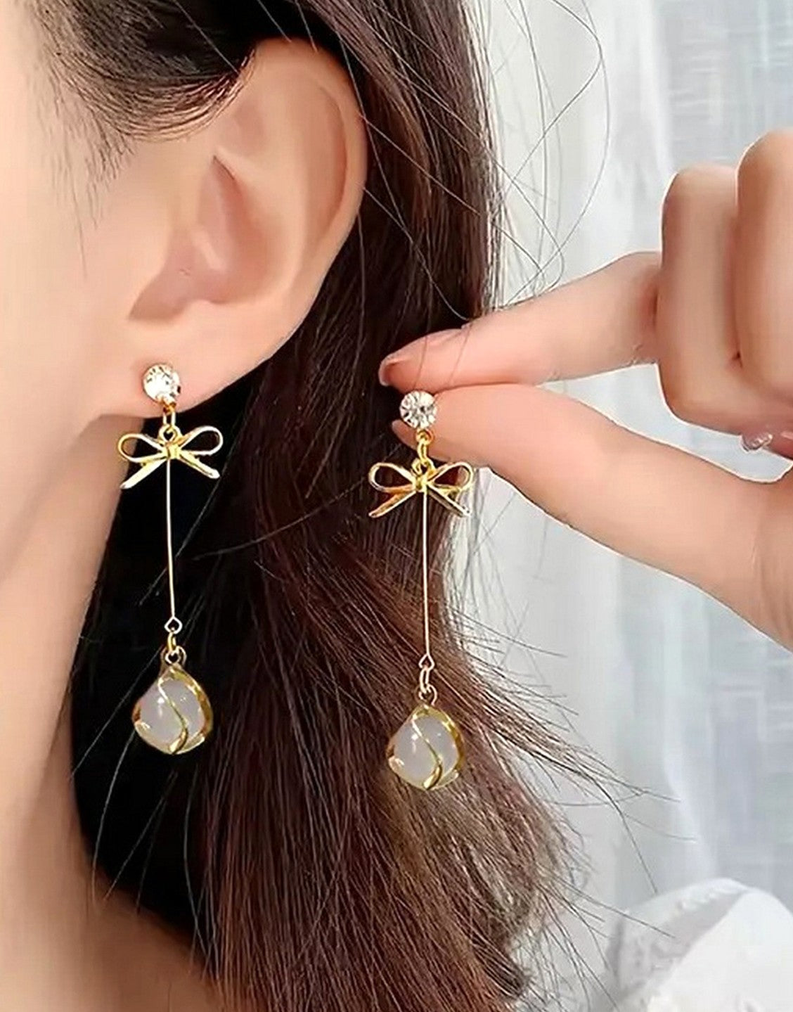 Elegant Glass Accents Bowknot Shape Drop Earrings for Girls (TK18135)