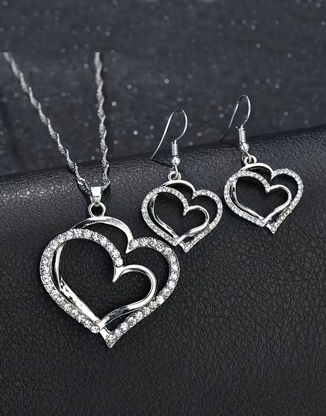 Glittering Rhinestone Heart Shape Necklace & Earrings Set for Girls