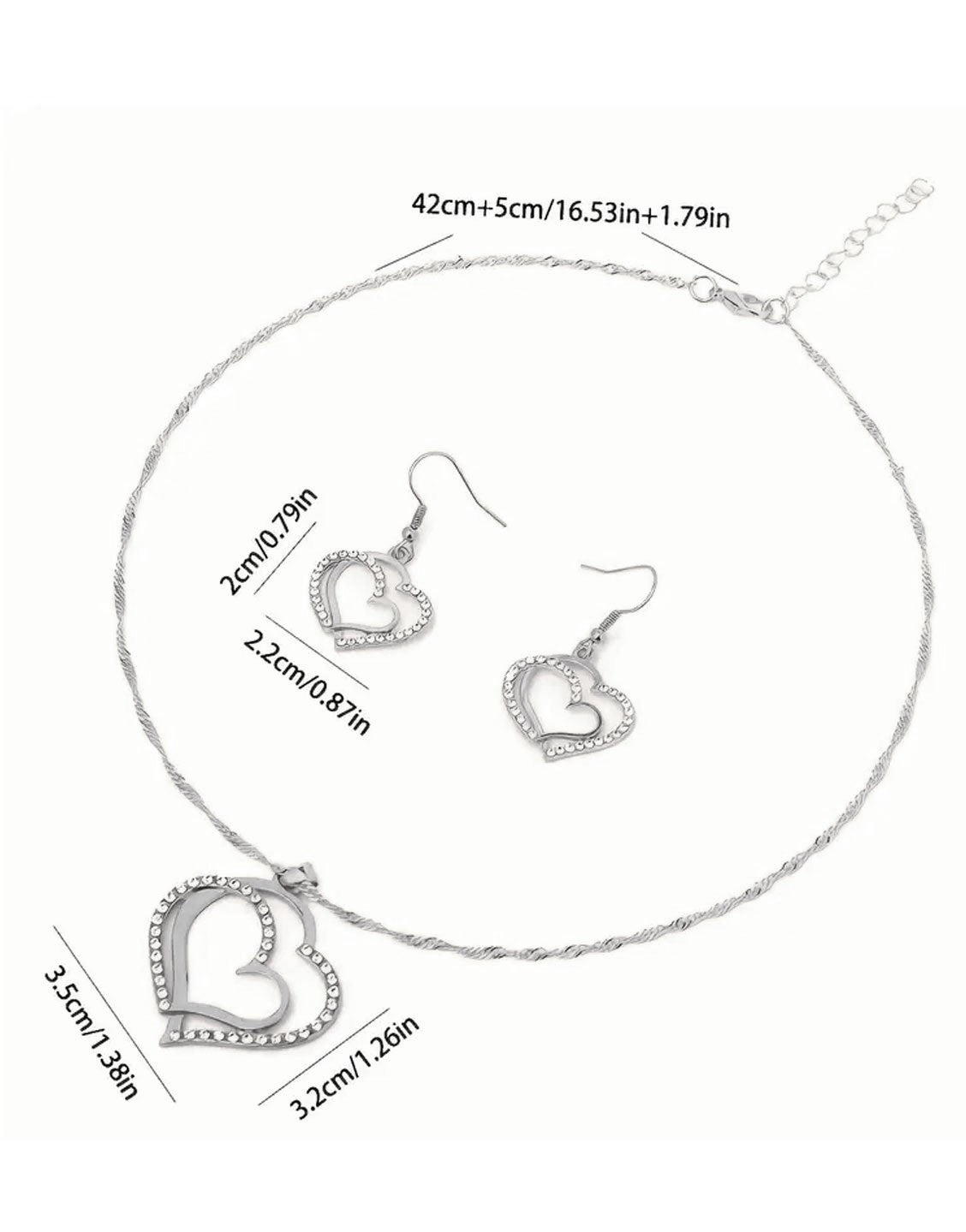 Glittering Rhinestone Heart Shape Necklace & Earrings Set for Girls