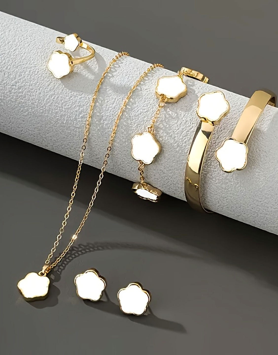 5-Piece White Five Leaf Clover Design Jewelry Set includes Bracelet, Earrings, Kara, Necklace & Ring (TK18154)
