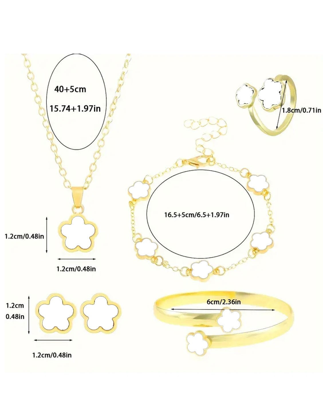 5-Piece White Five Leaf Clover Design Jewelry Set includes Bracelet, Earrings, Kara, Necklace & Ring (TK18154)
