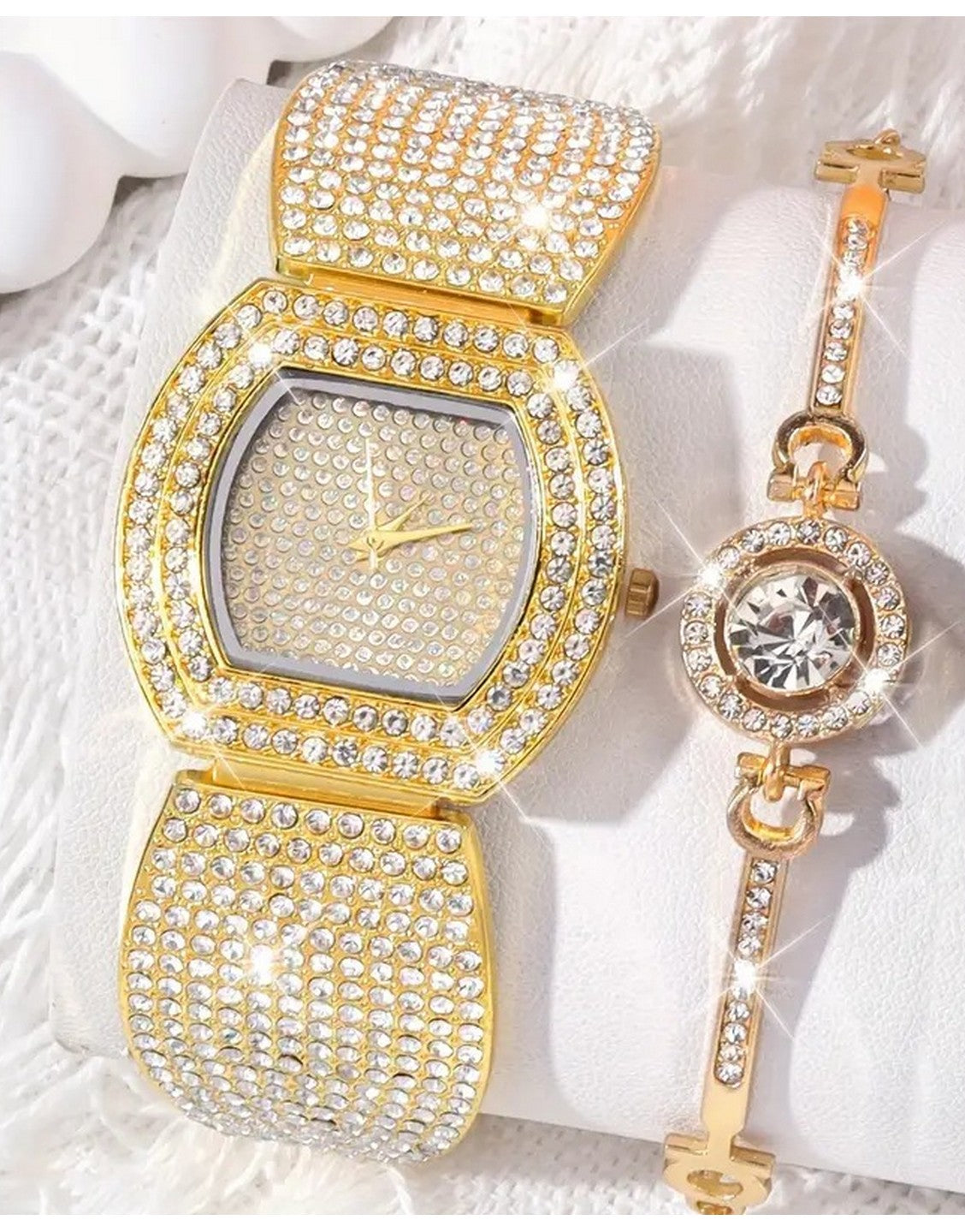 2-Pcs Elegant Ladies Golden Bracelet Watch and Sparkling Bracelet Set (TK18155)
