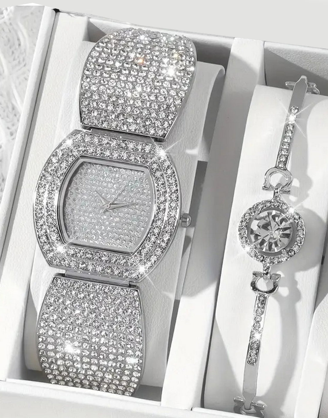 2-Pcs Elegant Ladies Silver Bracelet Watch and Sparkling Bracelet Set (TK18156)