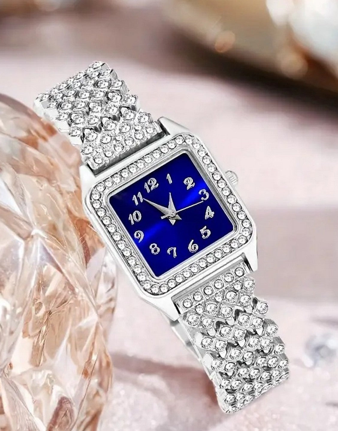 5-Pcs Luxe Women's Royal Blue Dial Watch & Faux Stone Jewellery Set (TK18157)