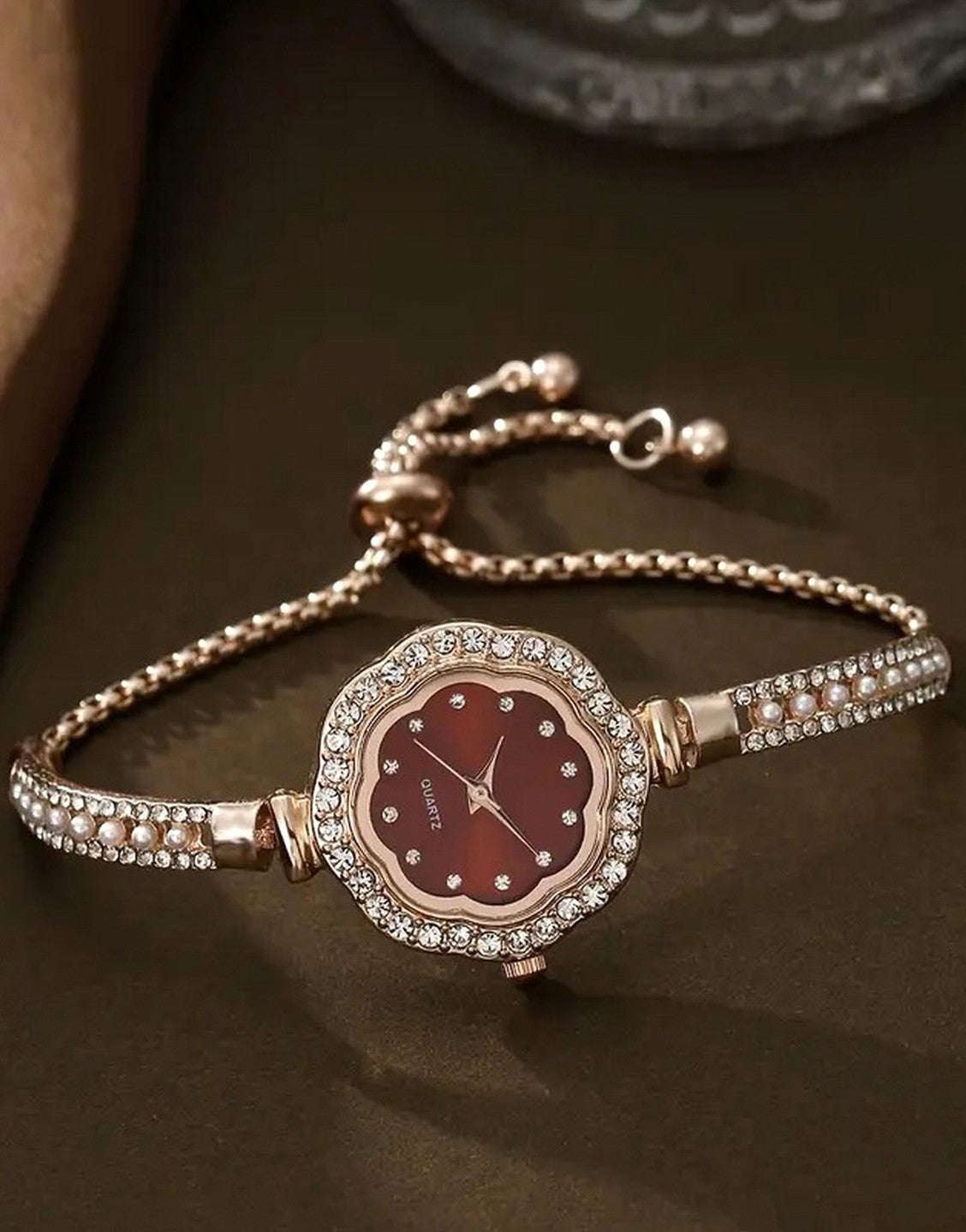 Chic Adjustable Chain Floral Design Maroon Dial Watch for Girls (TK18164)