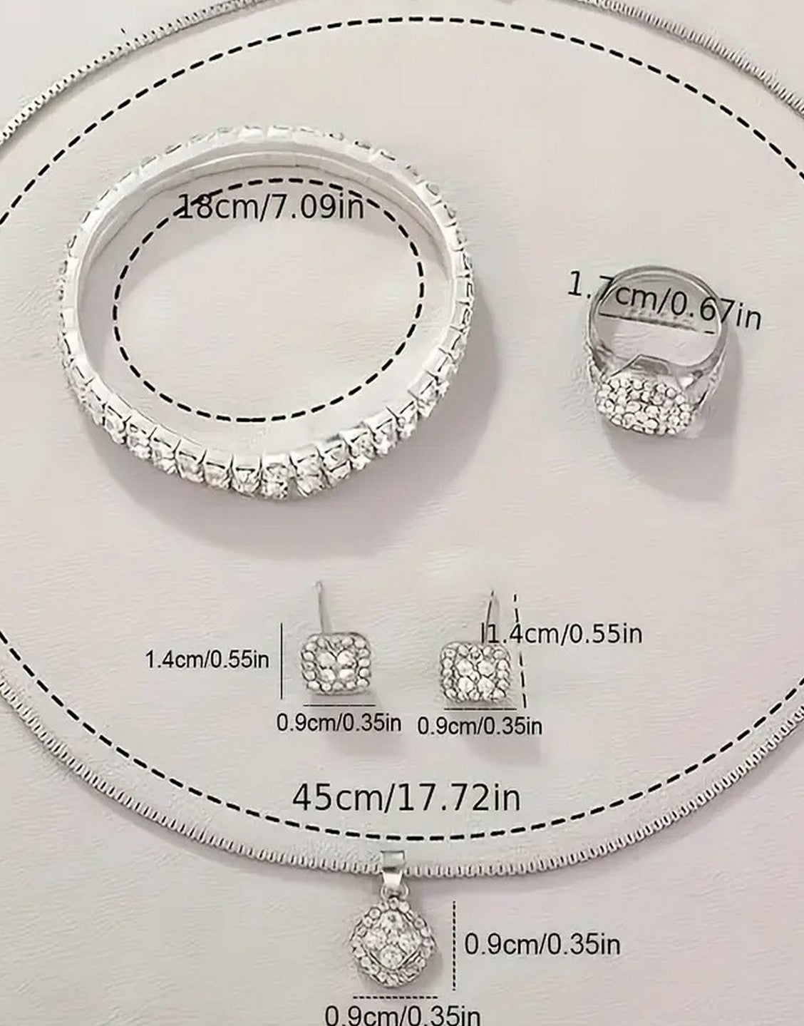 6-Pcs Glittering Luxury Silver Ladies Watch and Matching Bracelet, Earrings, Necklace, Ring Set (TK18169)