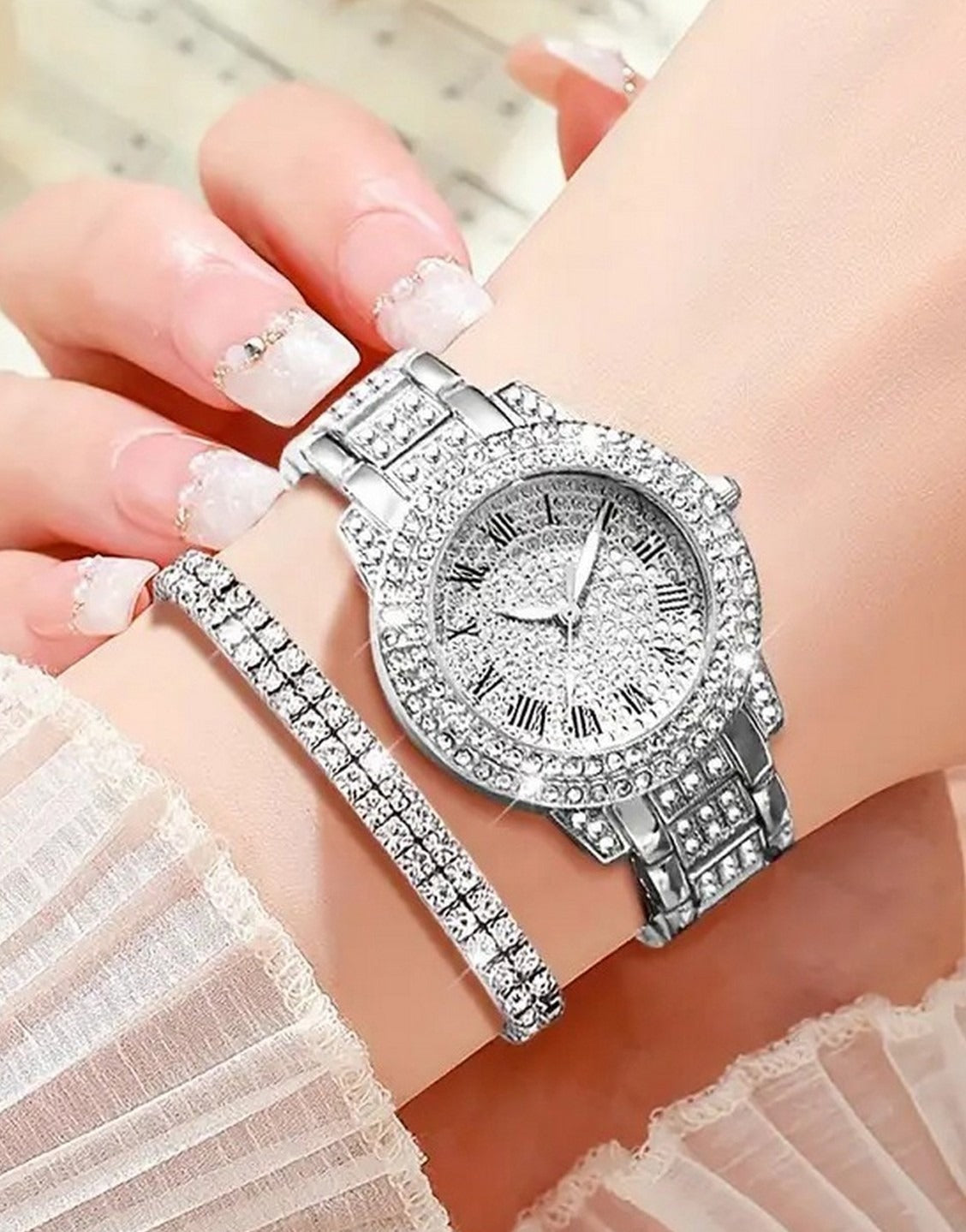 6-Pcs Glittering Luxury Silver Ladies Watch and Matching Bracelet, Earrings, Necklace, Ring Set (TK18169)