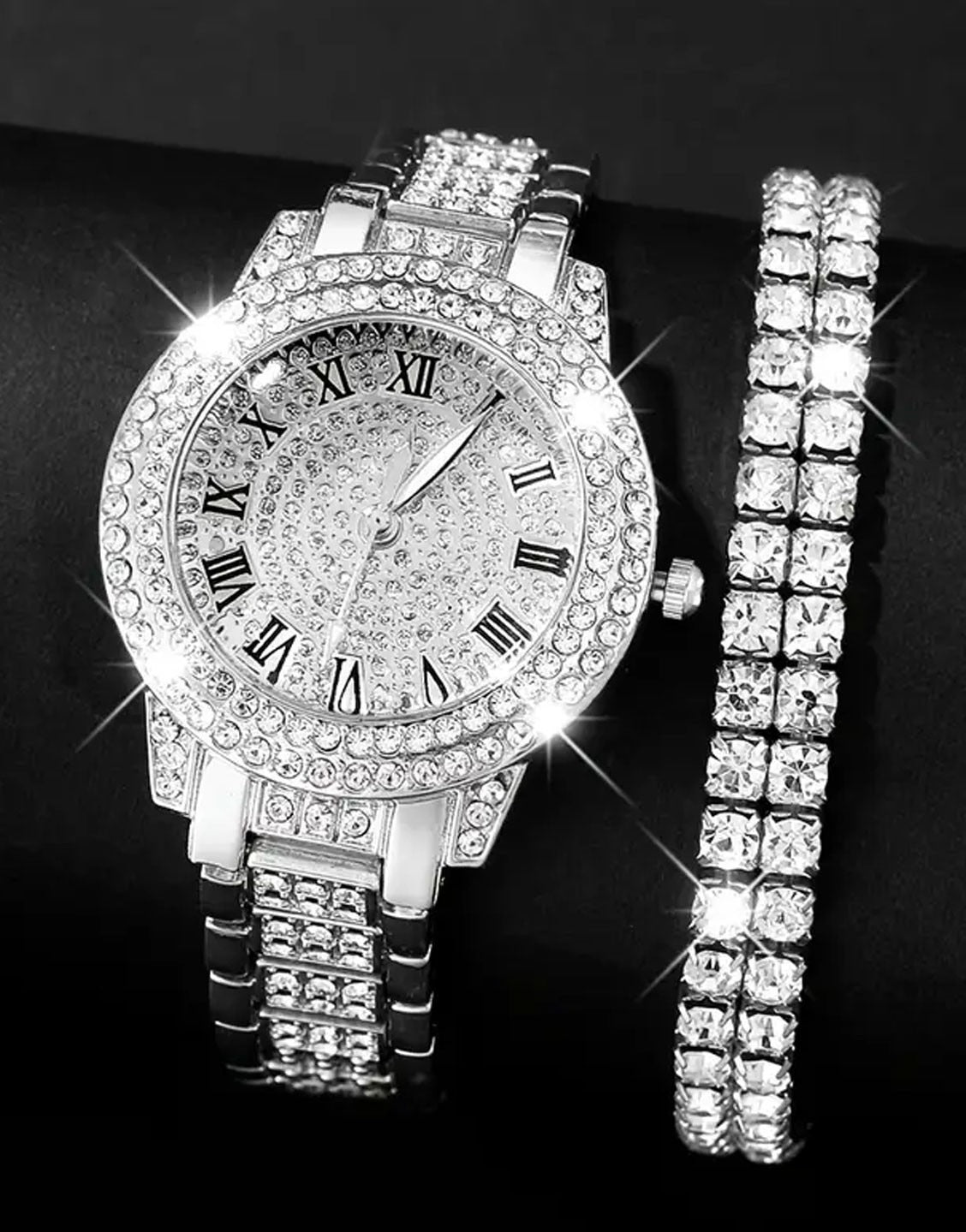 6-Pcs Glittering Luxury Silver Ladies Watch and Matching Bracelet, Earrings, Necklace, Ring Set (TK18169)