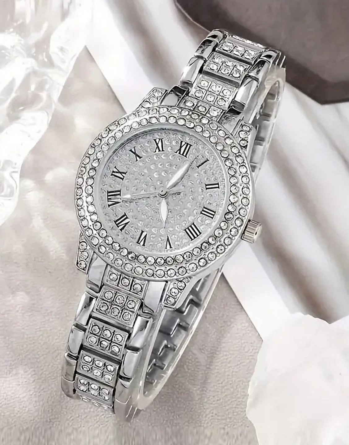 6-Pcs Glittering Luxury Silver Ladies Watch and Matching Bracelet, Earrings, Necklace, Ring Set (TK18169)