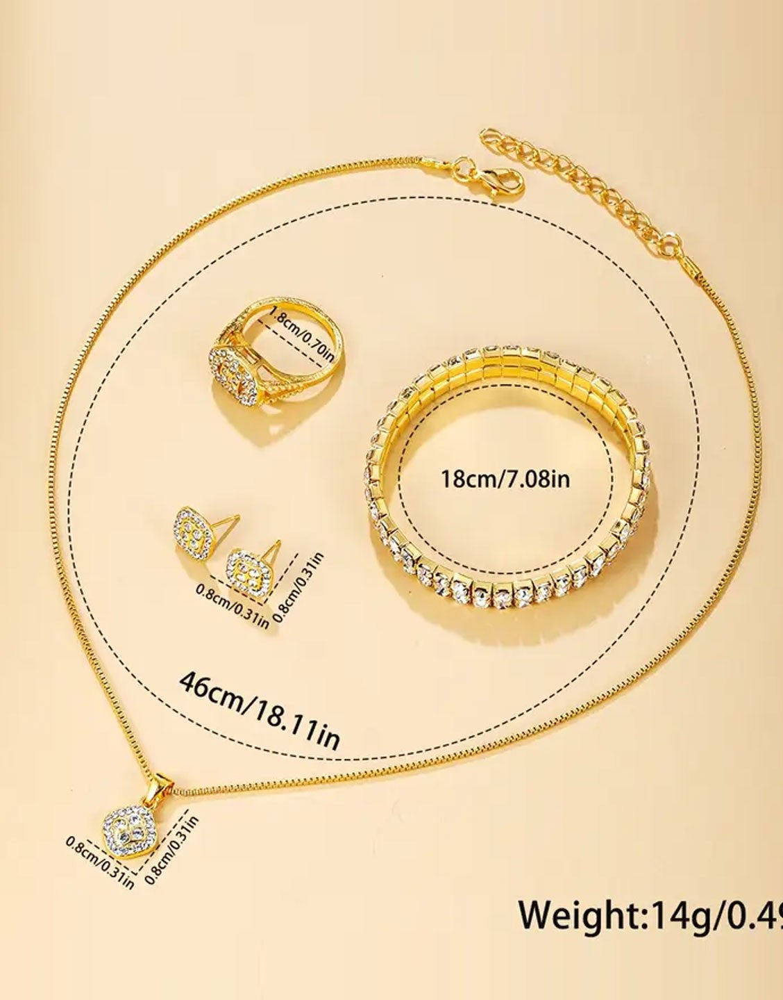 6-Pcs Glittering Luxury Golden Ladies Watch and Matching Bracelet, Earrings, Necklace, Ring Set (TK18170)