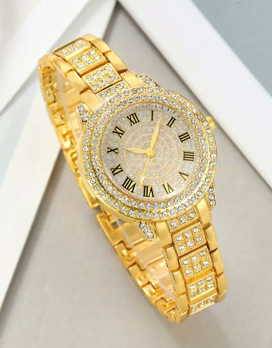 6-Pcs Glittering Luxury Golden Ladies Watch and Matching Bracelet, Earrings, Necklace, Ring Set (TK18170)