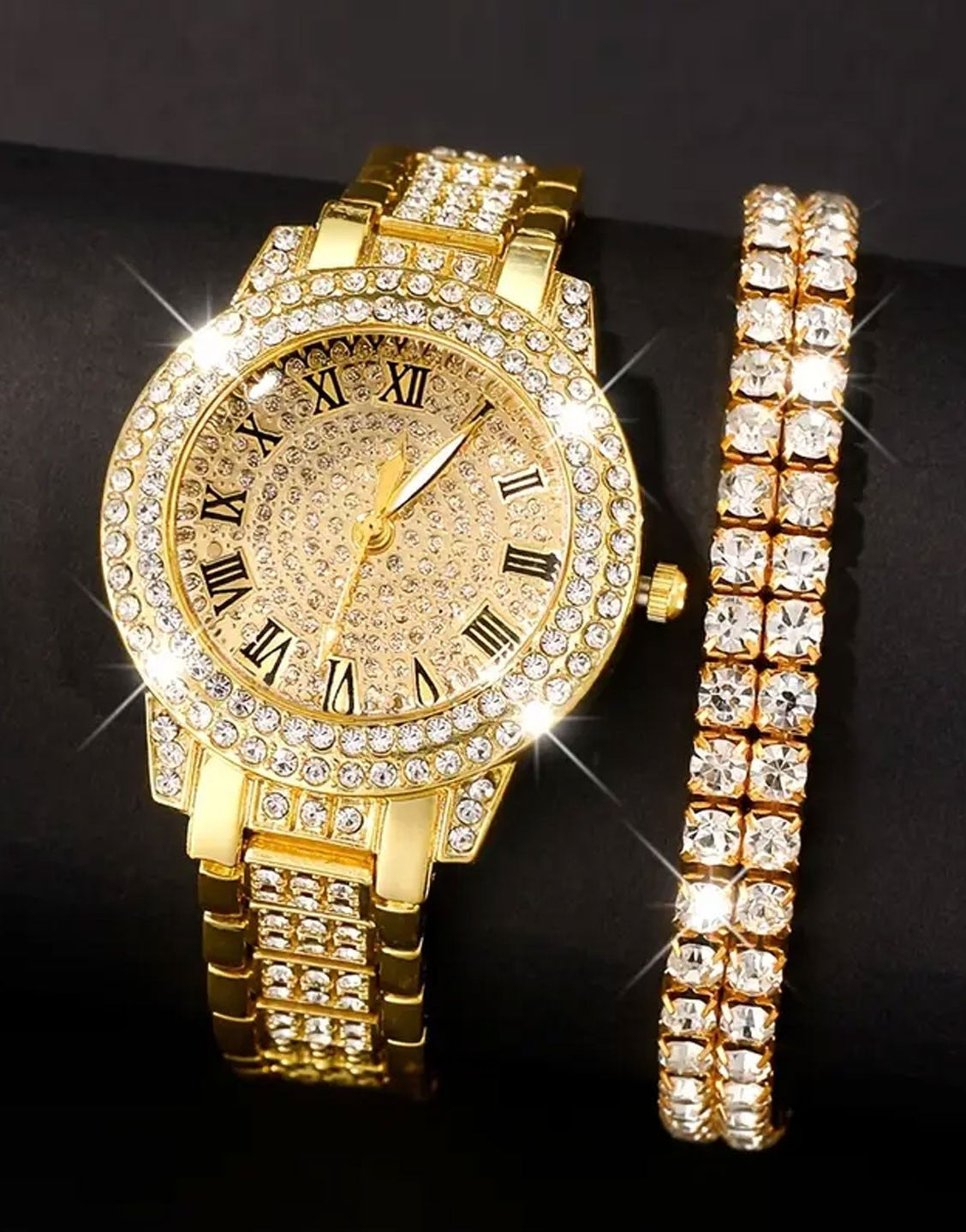 6-Pcs Glittering Luxury Golden Ladies Watch and Matching Bracelet, Earrings, Necklace, Ring Set (TK18170)