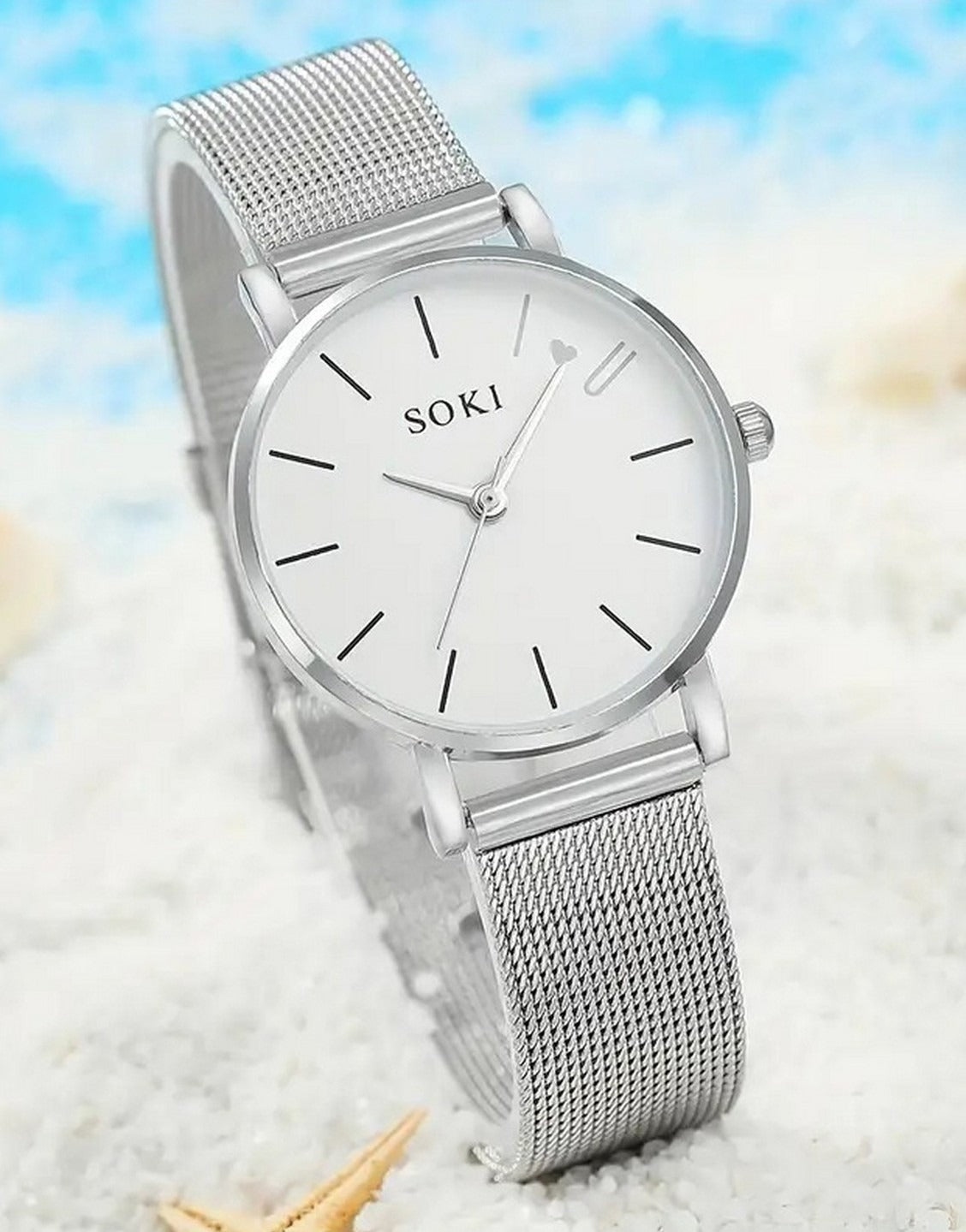 6-Pcs Casual Quartz Watch & Heart Design Bracelet, Earrings, Necklace, Ring Set (TK18171)