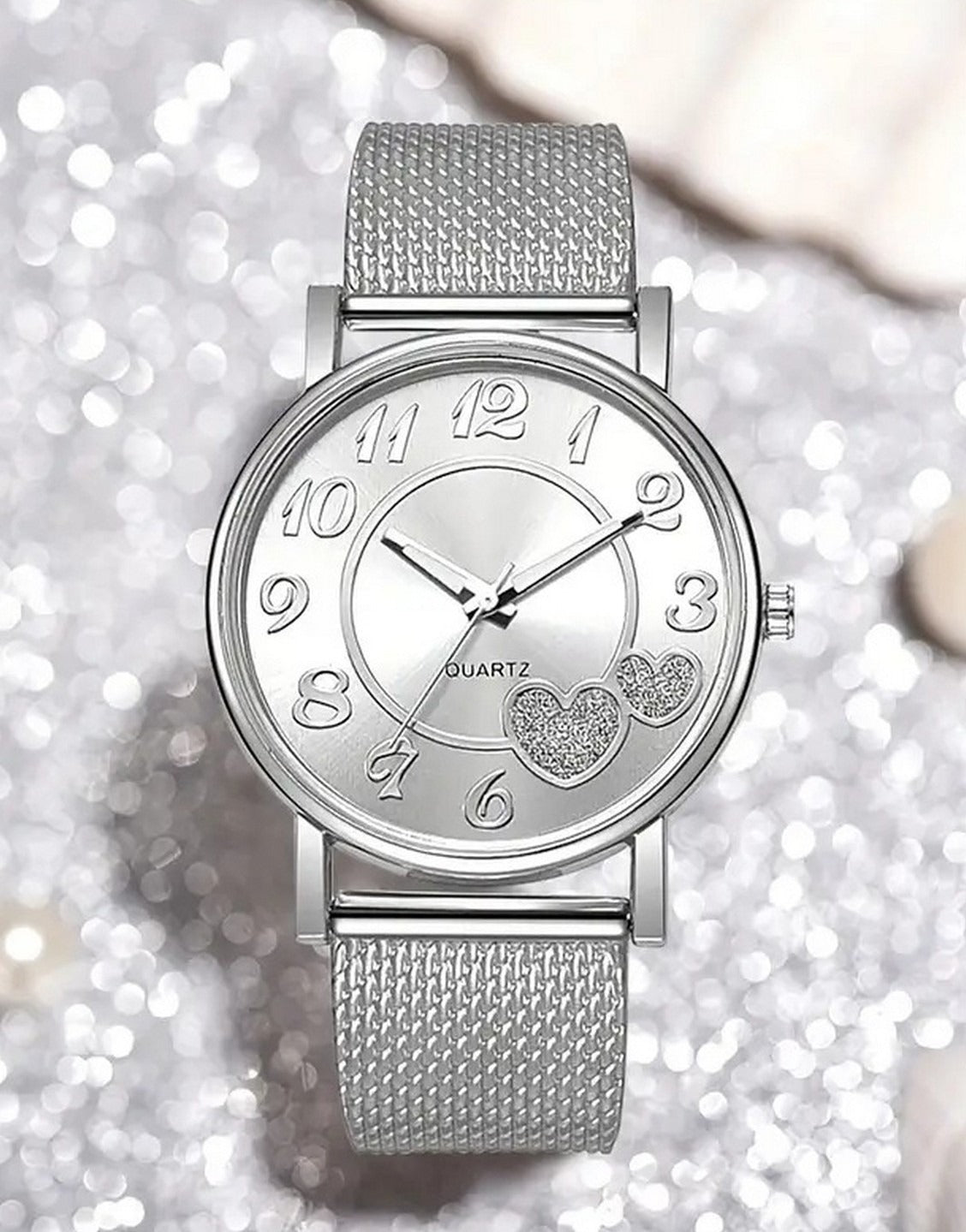 6-Pcs Women's Round Alloy Case Quartz Watch with Heart Shaped Jewellery Set (TK18172)