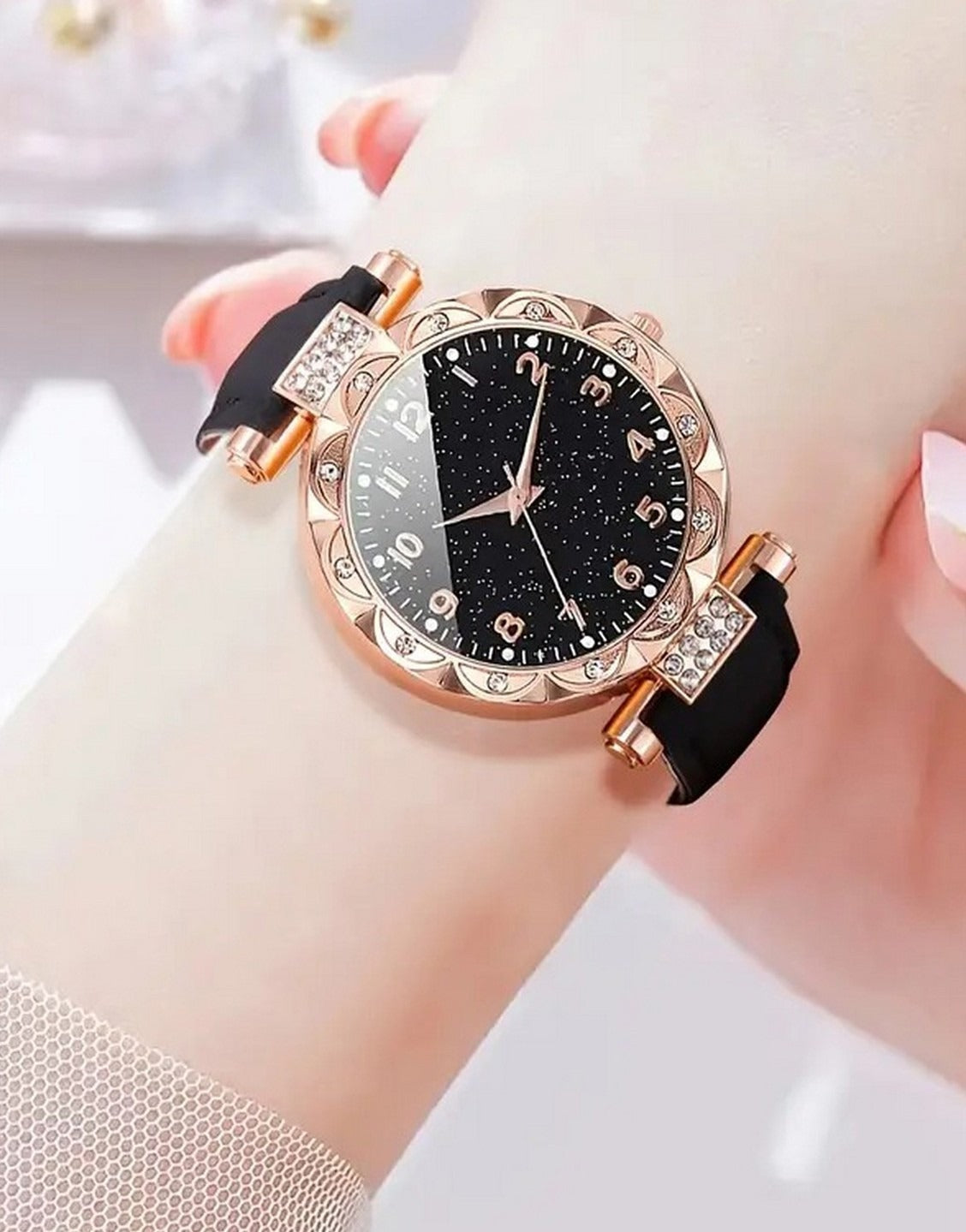 5-Pcs Elegant PU Leather Ladies Watch and Black Stone Jewellery Set (TK18186)