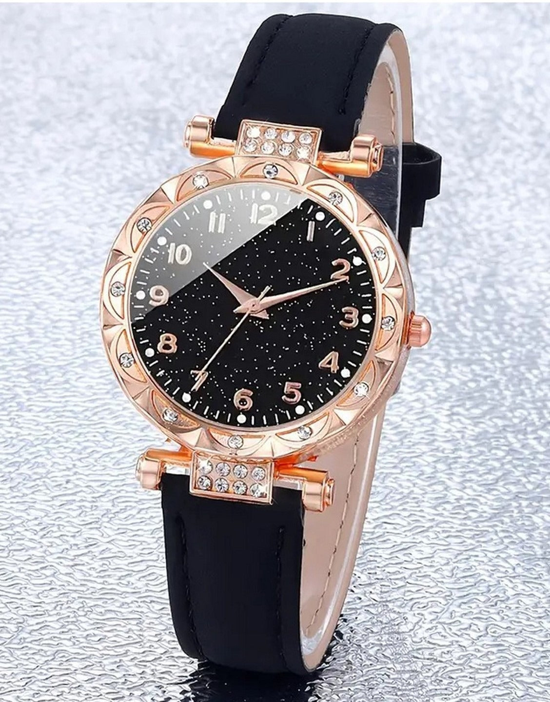 5-Pcs Elegant PU Leather Ladies Watch and Black Stone Jewellery Set (TK18186)