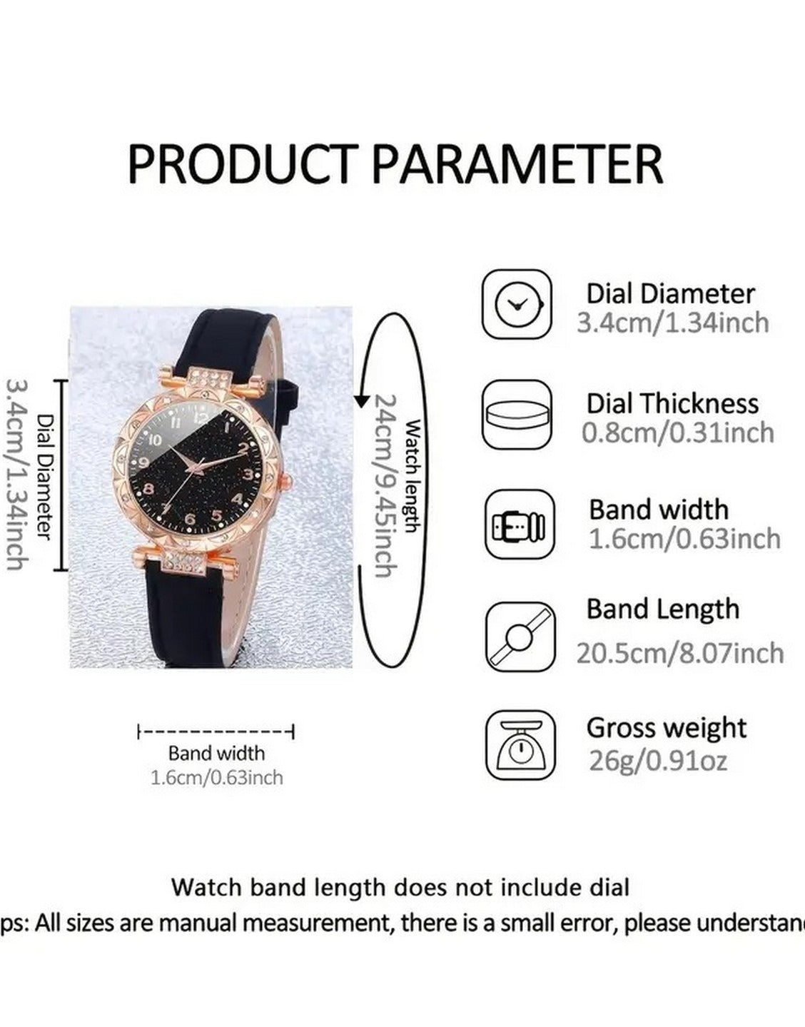 5-Pcs Elegant PU Leather Ladies Watch and Black Stone Jewellery Set (TK18186)