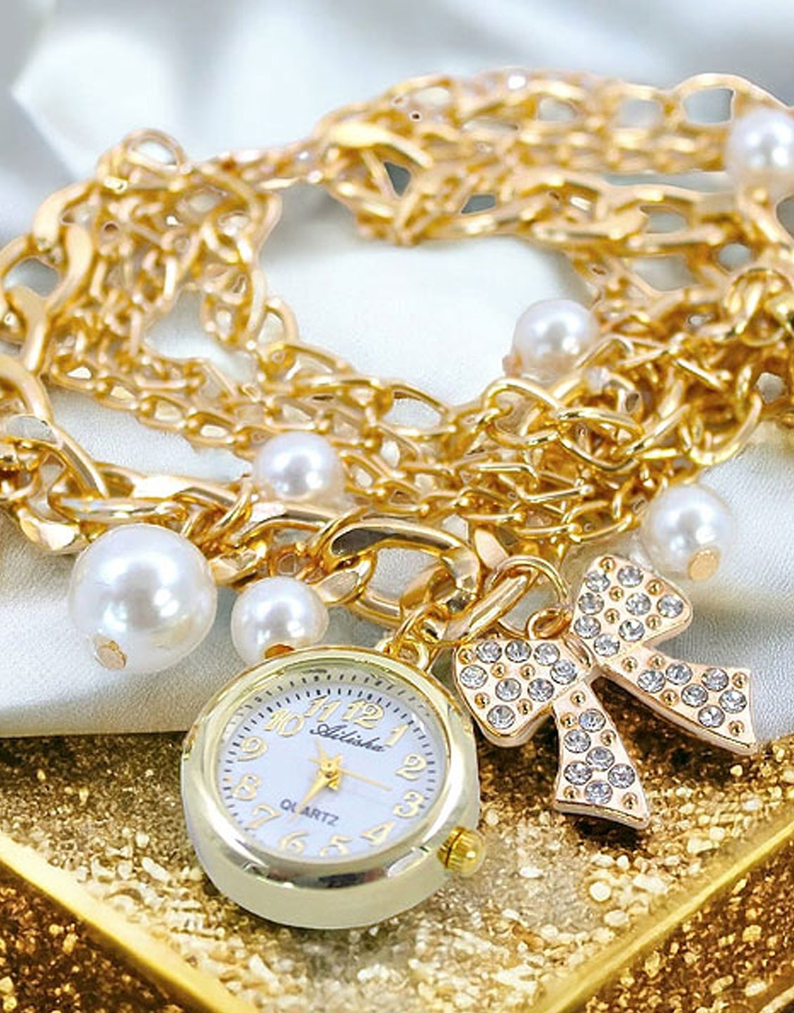 Adorable Multi Layer Bow Charm Bracelet Watch (TK08870)