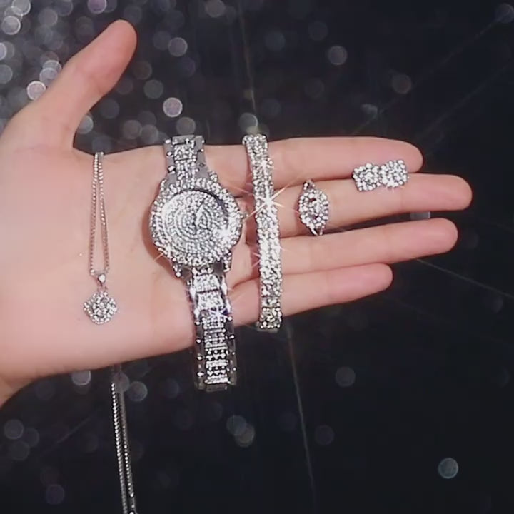 6-Pcs Glittering Luxury Silver Ladies Watch and Matching Bracelet, Earrings, Necklace, Ring Set (TK18169)