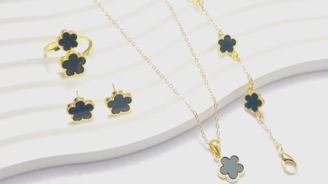 5-Piece Black Five Leaf Clover Design Jewelry Set includes Bracelet, Earrings, Kara, Necklace & Ring (TK17897)