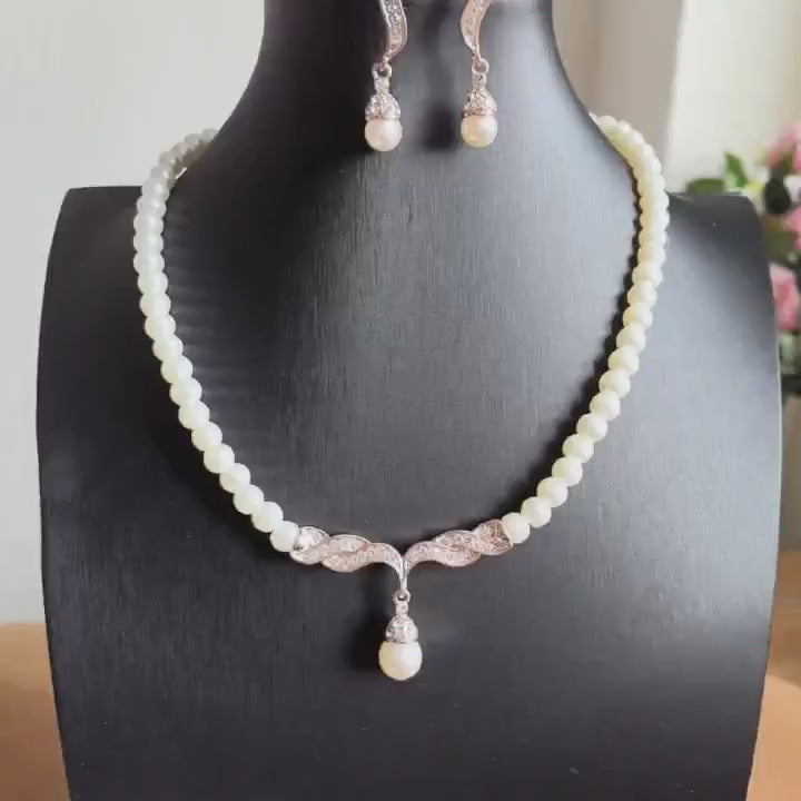 High Quality Rose Gold Pearl Necklace Set with Earrings (TK18067)