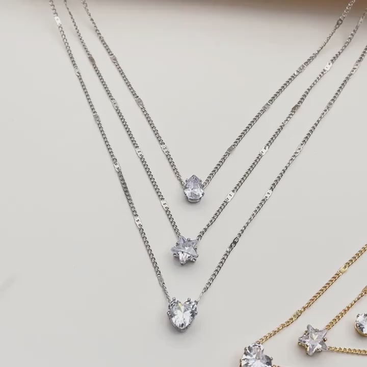 Multi-Layer Star, Heart & Teardrop Charms Rhinestone Necklace (TK18118)