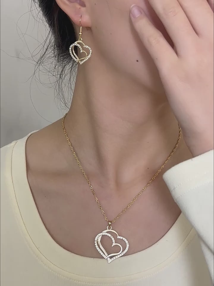 Glittering Rhinestone Heart Shape Necklace & Earrings Set for Girls