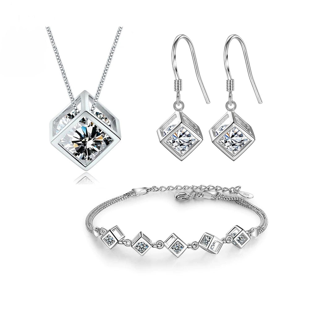 Crystal Cube Necklace Earrings Set - trinkets.pk