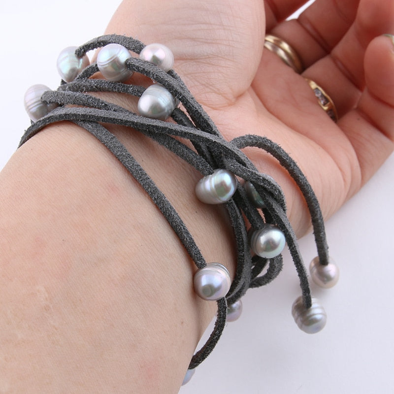 "Leather Freshwater Pearl Bracelet Gray3"