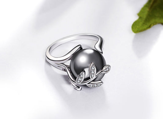 Rhodium Plated Grey Pearl Ring - trinkets.pk