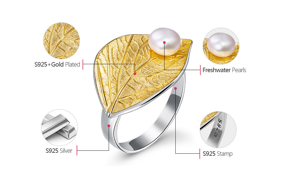 S925 Freshwater Pearl Leaf Shaped Ring - trinkets.pk