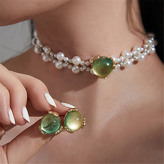 Fashion Green Opal Pearl Choker Set - trinkets.pk