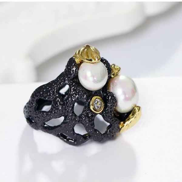 Vintage Black Gold Pearl Ring - trinkets.pk