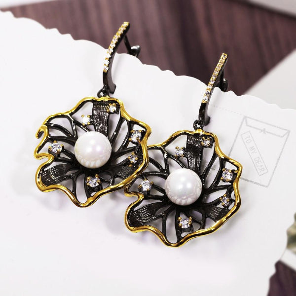 Black Gold Pearl CZ Earrings - trinkets.pk